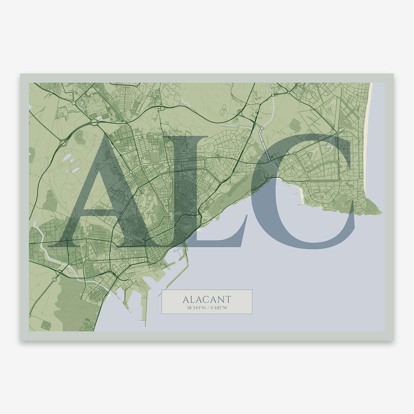 The map of Alacant composed with letters in serif font printed on two green tones