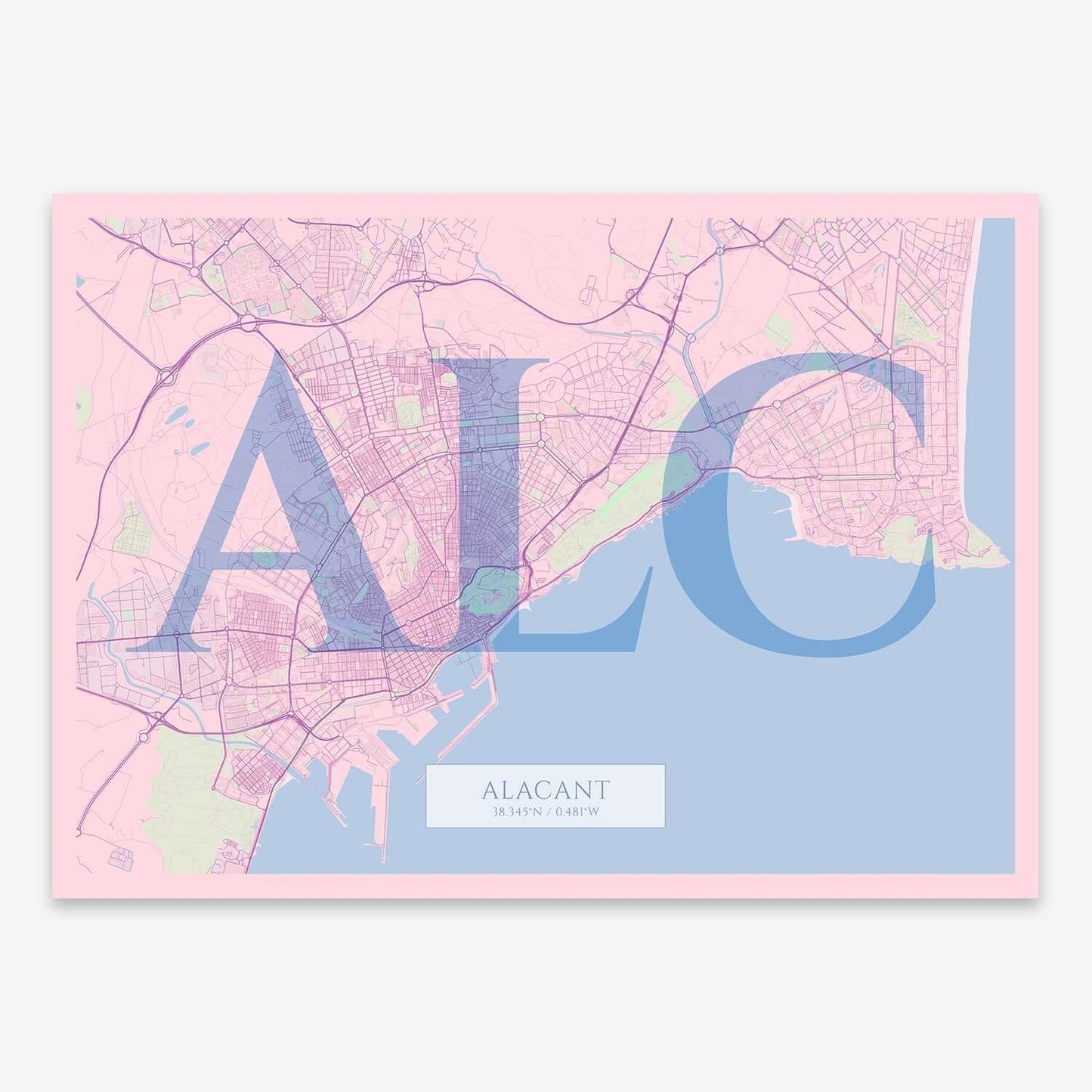 The map of Alacant composed with letters in serif font printed on pink and light blue