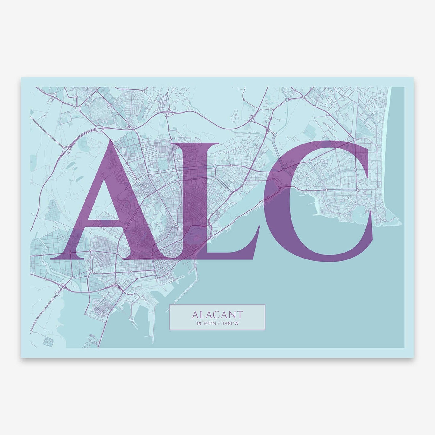 The map of Alacant composed with letters in serif font printed on purple and light blue