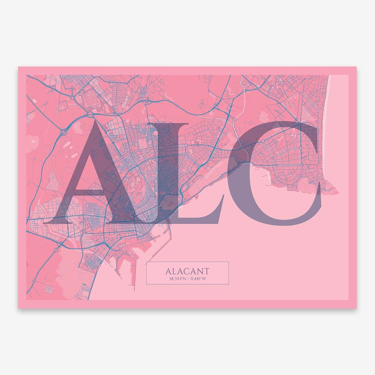 The map of Alacant composed with letters in serif font printed on violet y pink background