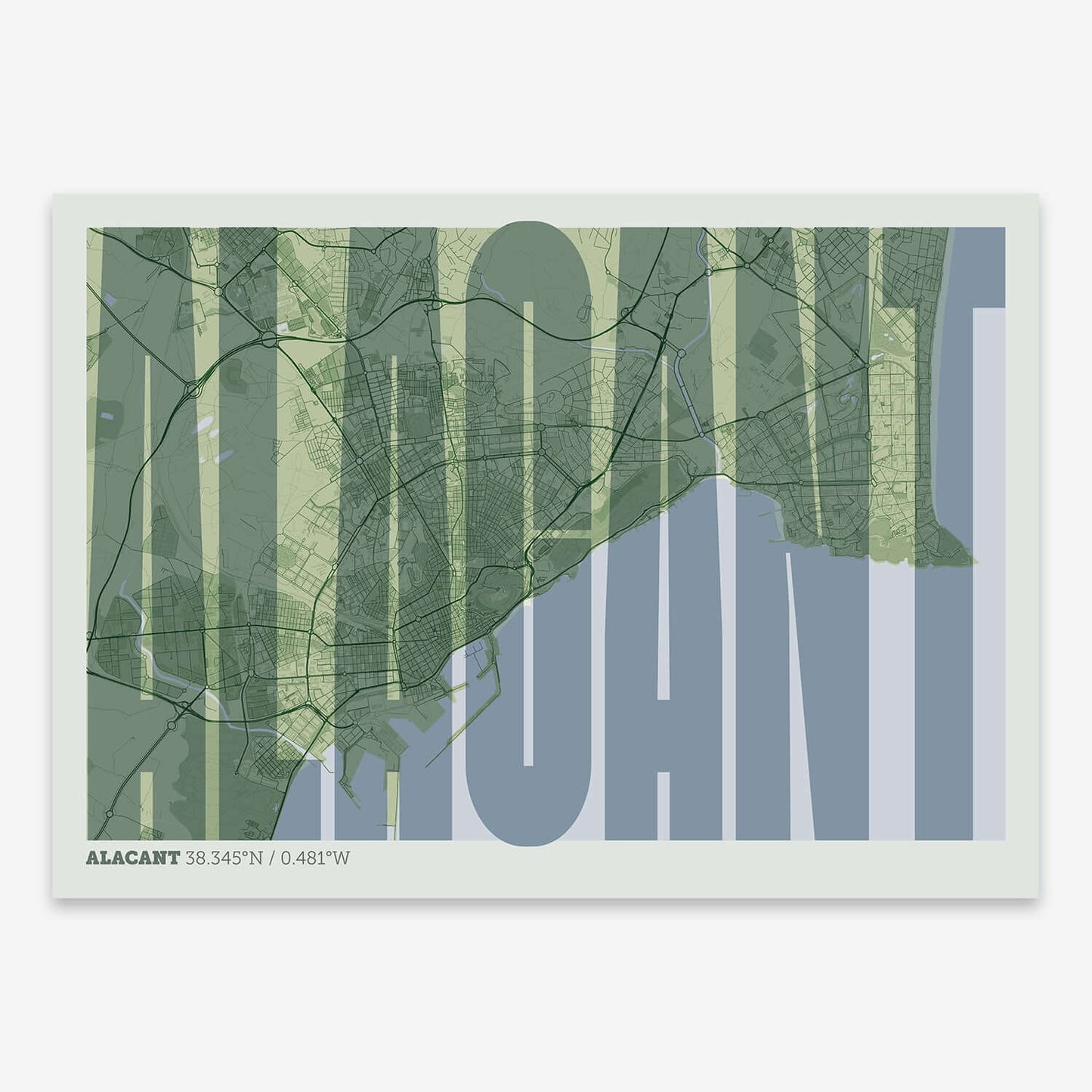The map of Alacant and letters of its name in a giclée print designed in two green tones