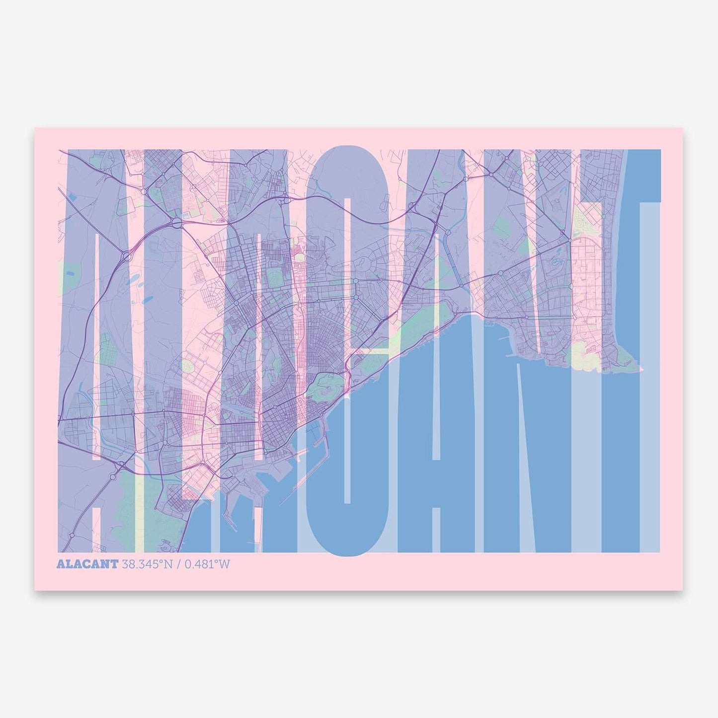 The map of Alacant and letters of its name in a giclée print designed in pink and light blue