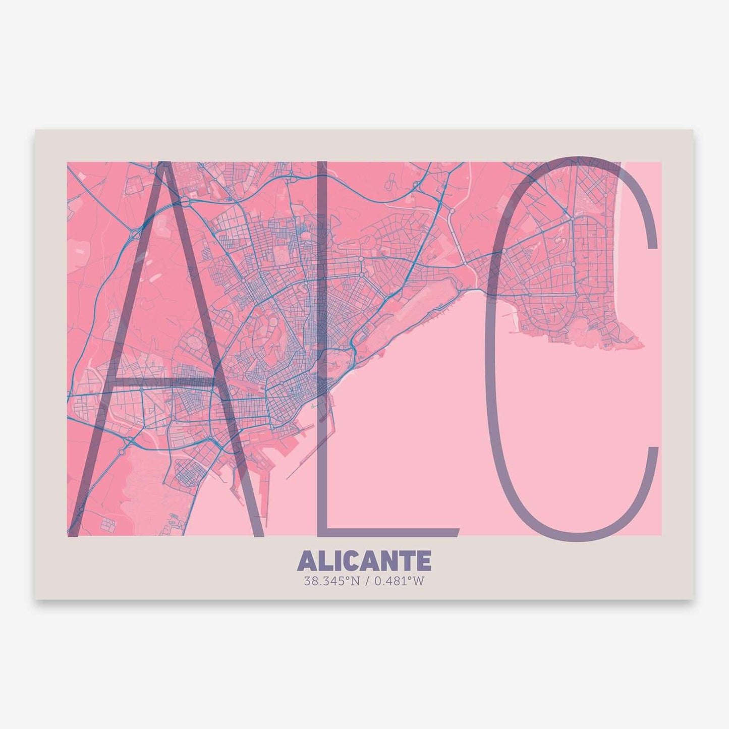 The map of Alicante composed with letters in extra light font printed on violet y pink background