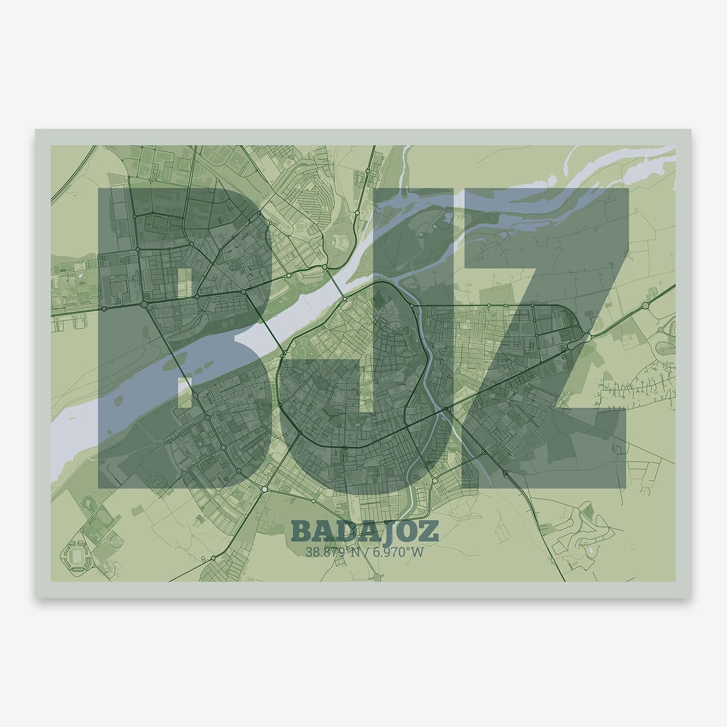 The map of Badajoz composed with letters in a heavy geometric font printed on two green tones