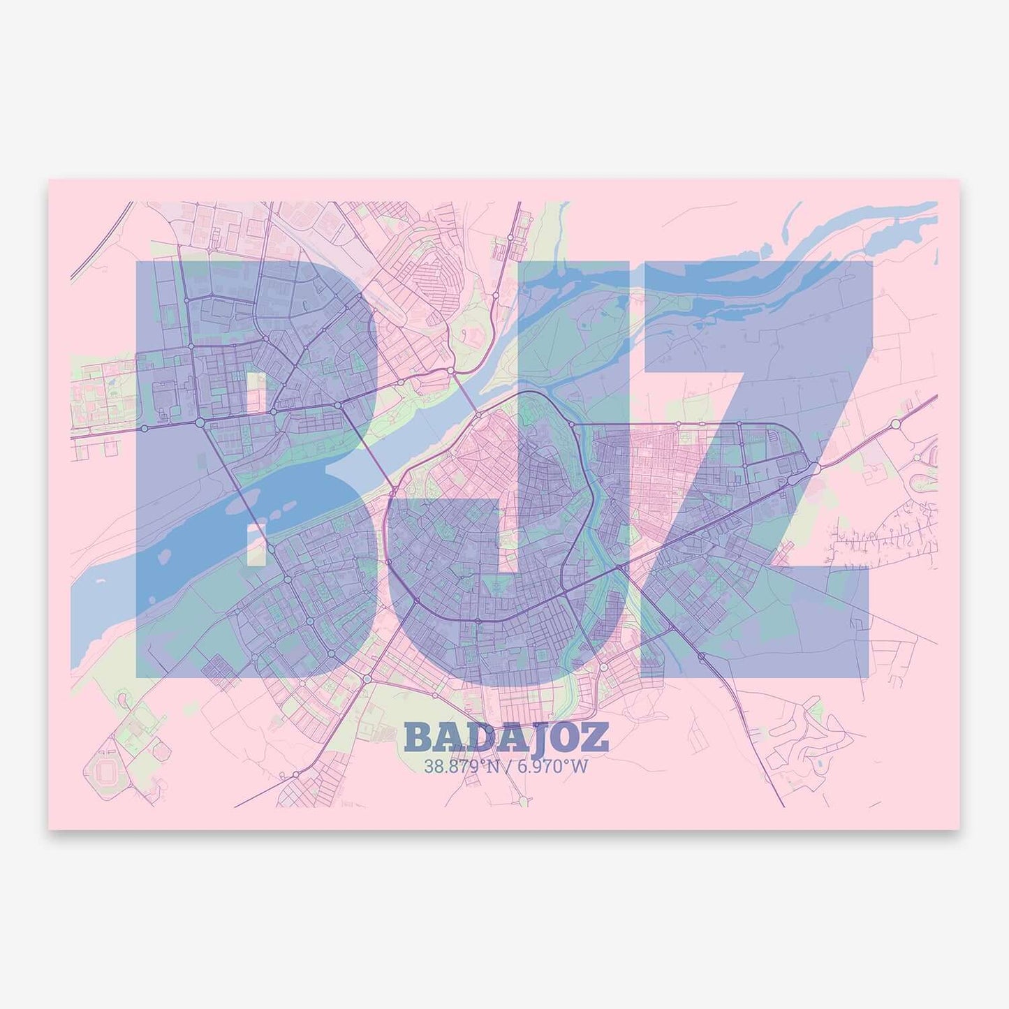 The map of Badajoz composed with letters in a heavy geometric font printed on pink and light blue