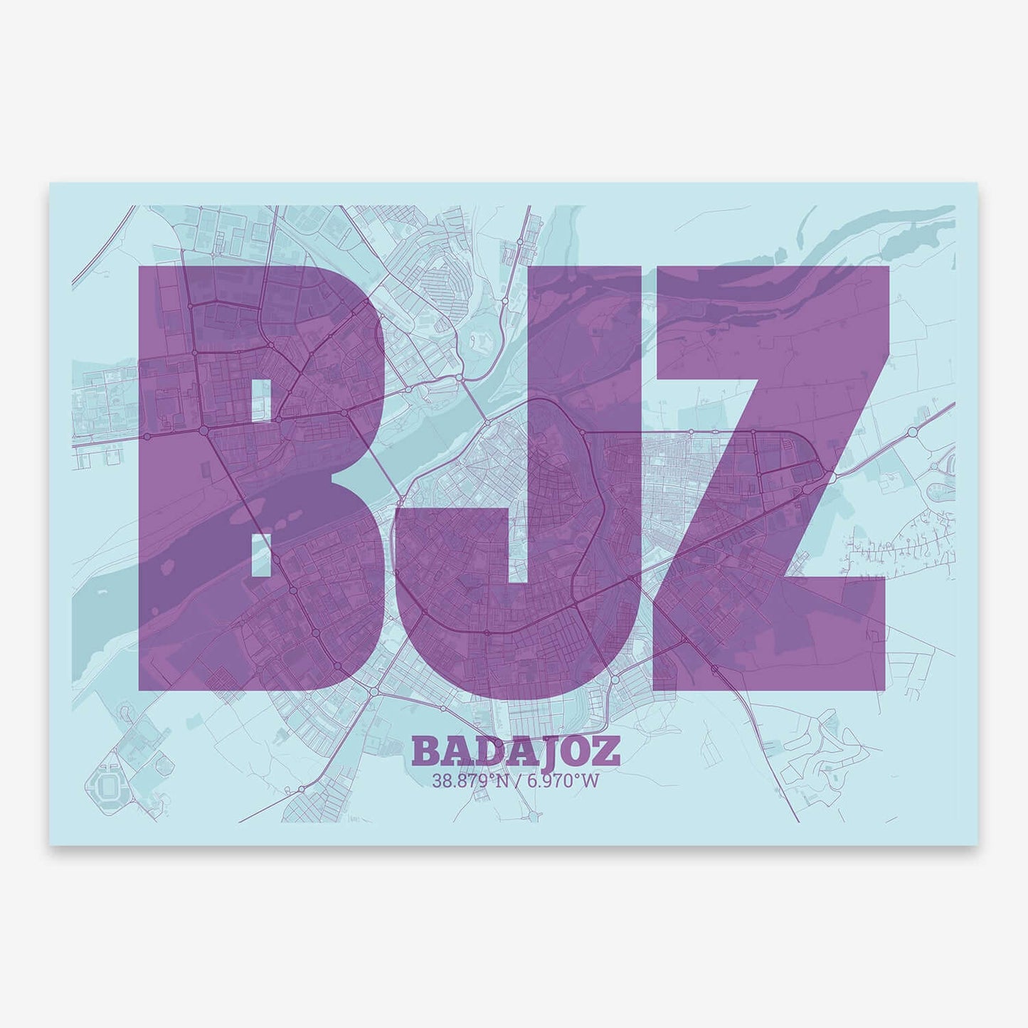 The map of Badajoz composed with letters in a heavy geometric font printed on purple and light blue