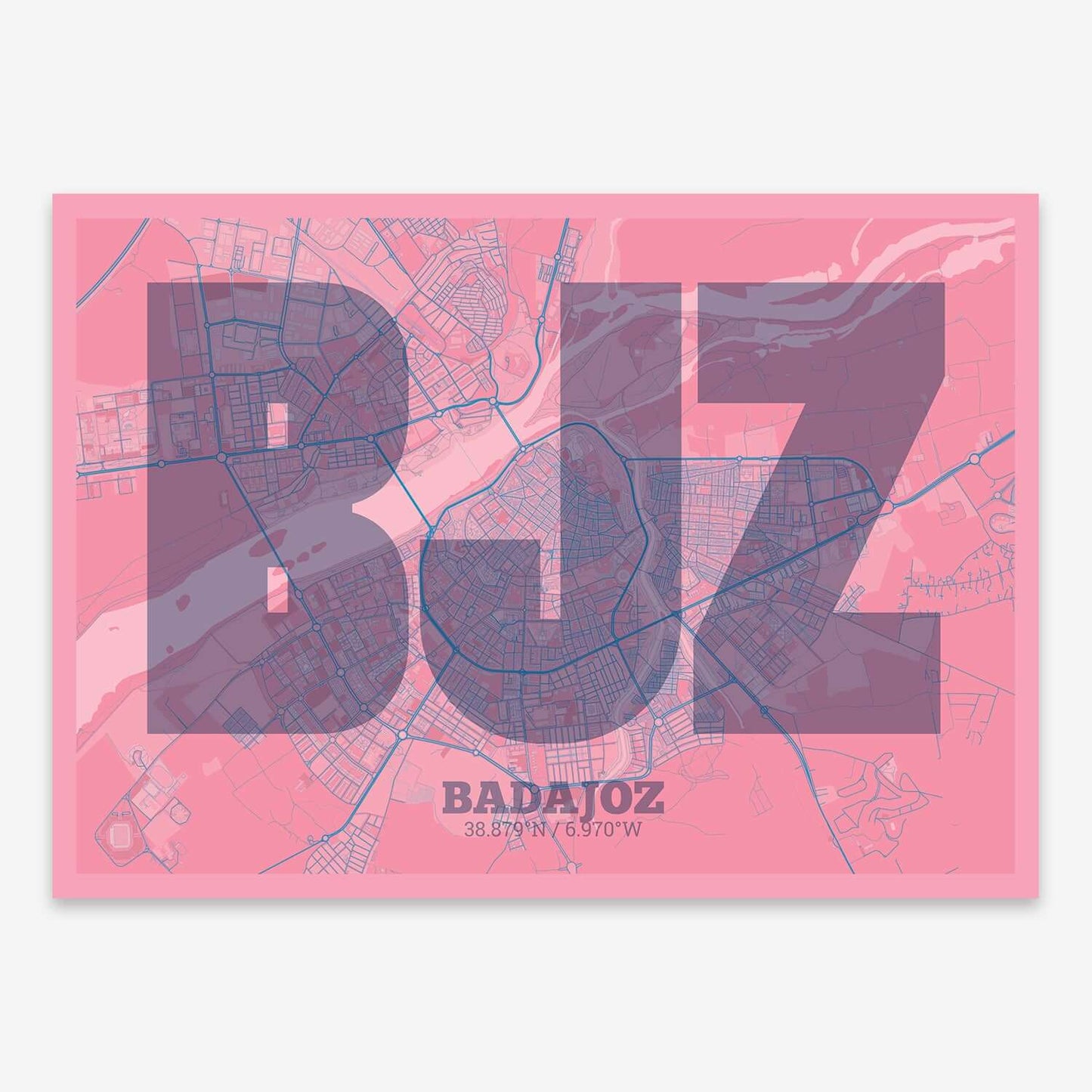The map of Badajoz composed with letters in a heavy geometric font printed on violet y pink background
