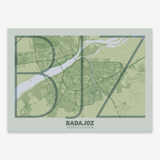 The map of Badajoz composed with letters in extra light font printed on two green tones