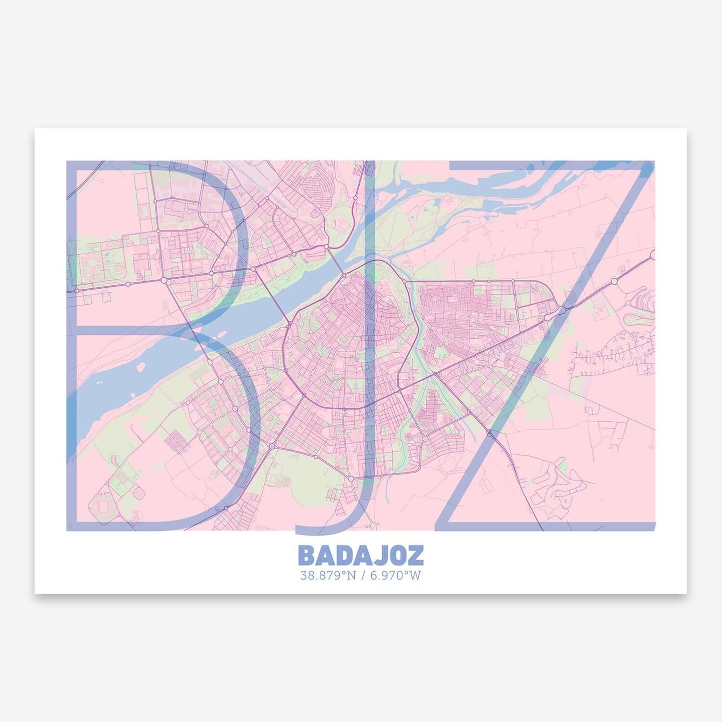 The map of Badajoz composed with letters in extra light font printed on pink and light blue