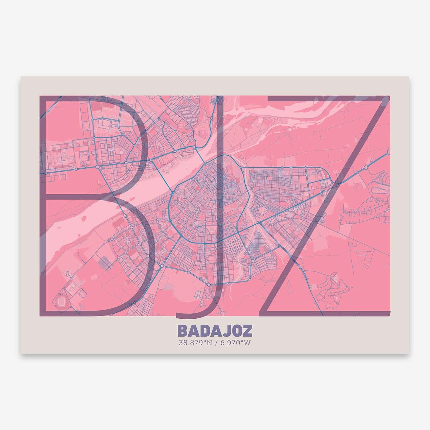 The map of Badajoz composed with letters in extra light font printed on violet y pink background