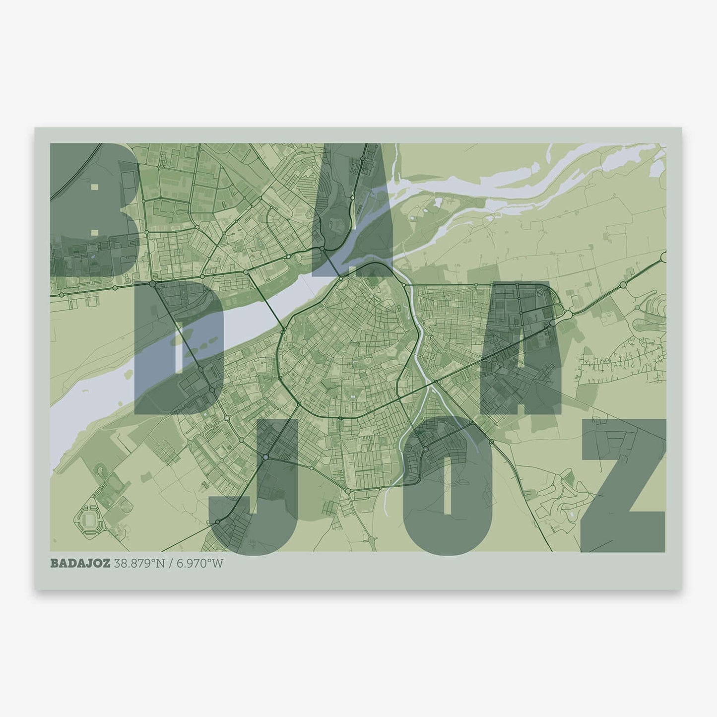 The map of Badajoz with letters of its name placed randomly, designed in two green tones