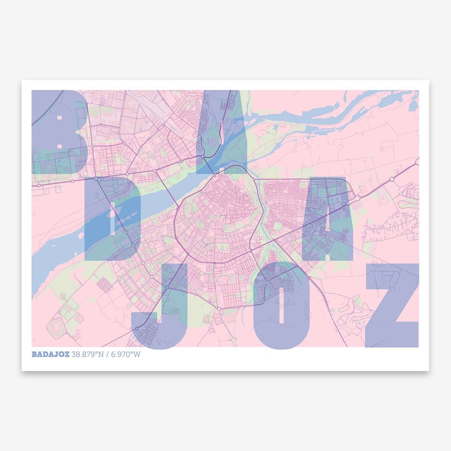 The map of Badajoz with letters of its name placed randomly, designed in pink and light blue
