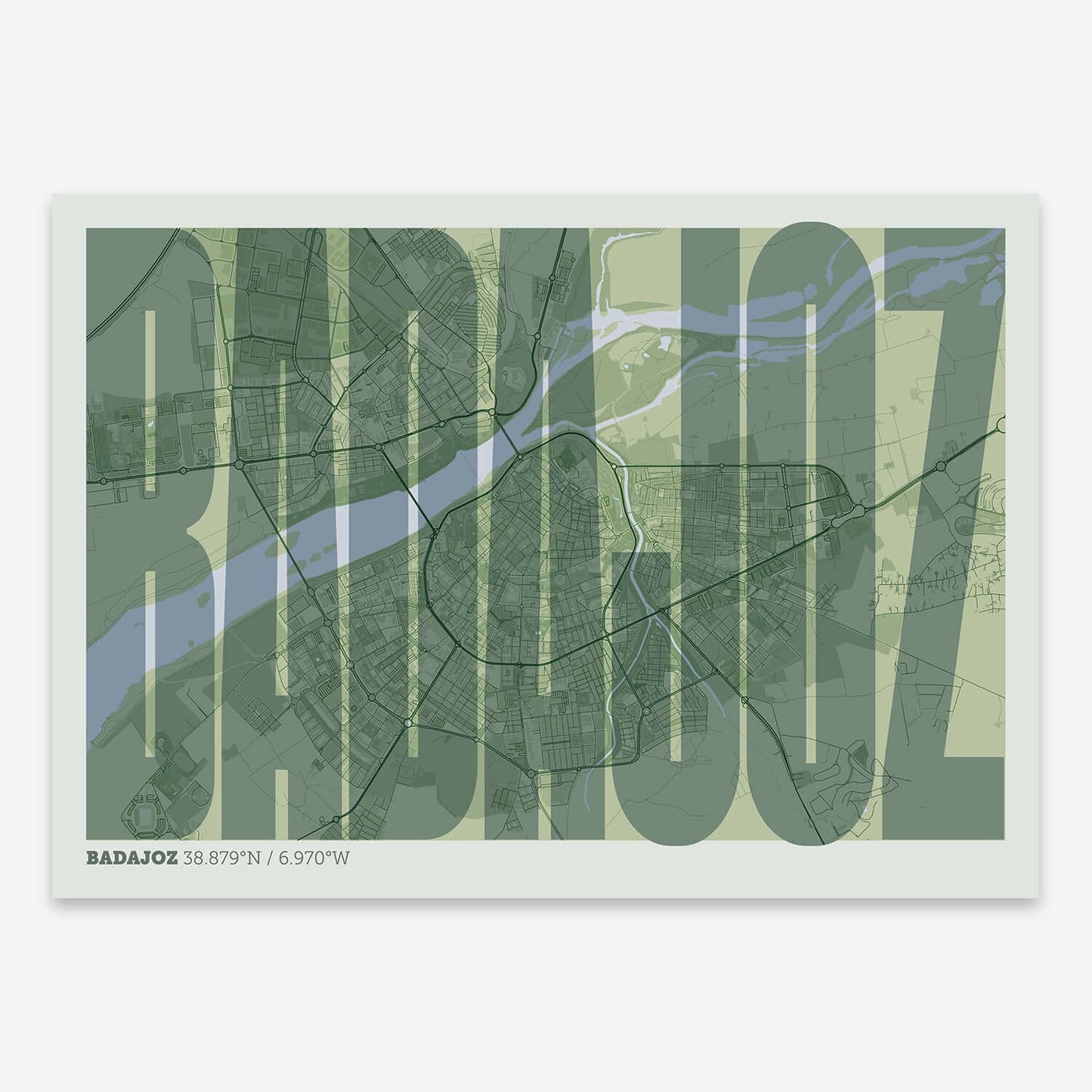 The map of Badajoz and letters of its name in a giclée print designed in two green tones