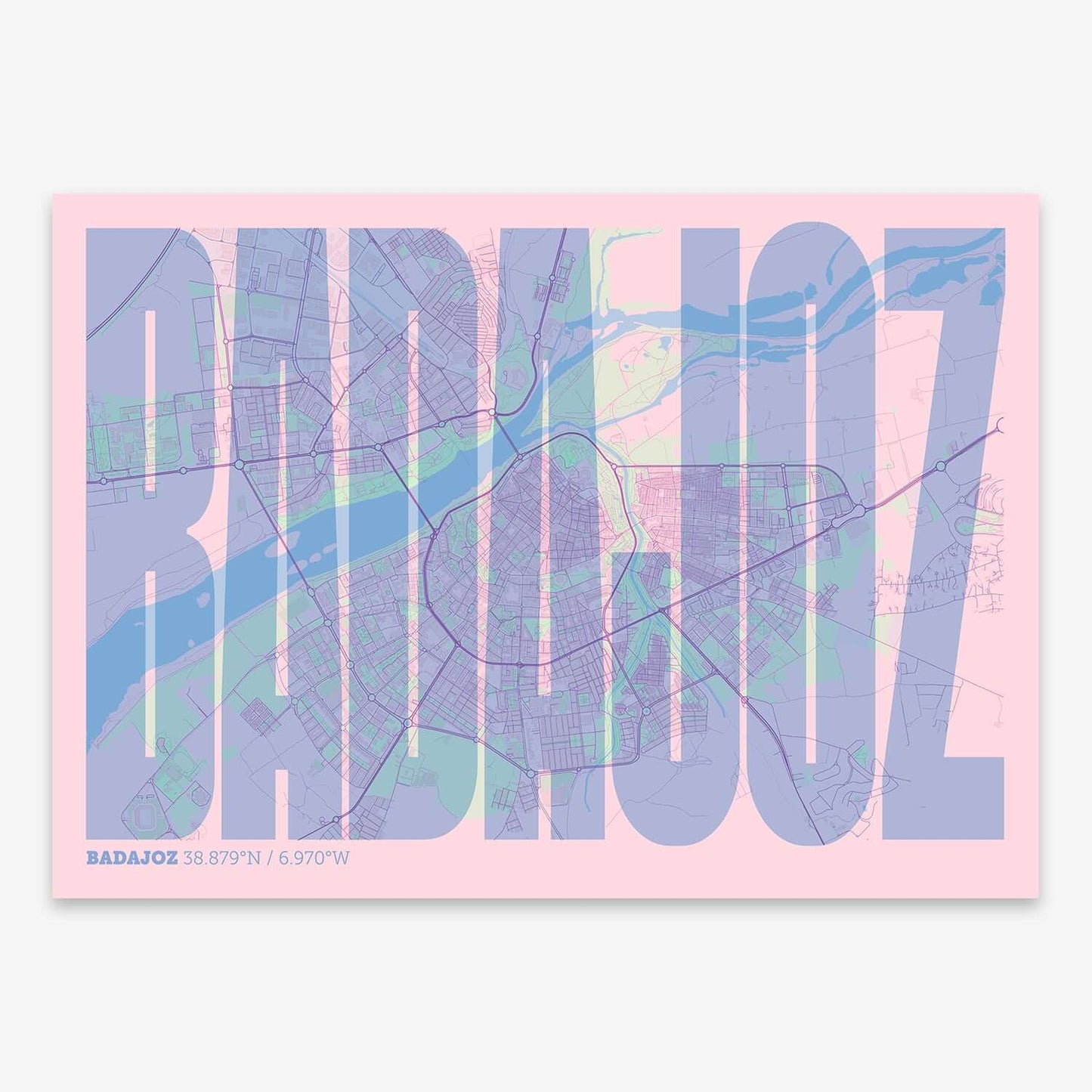 The map of Badajoz and letters of its name in a giclée print designed in pink and light blue