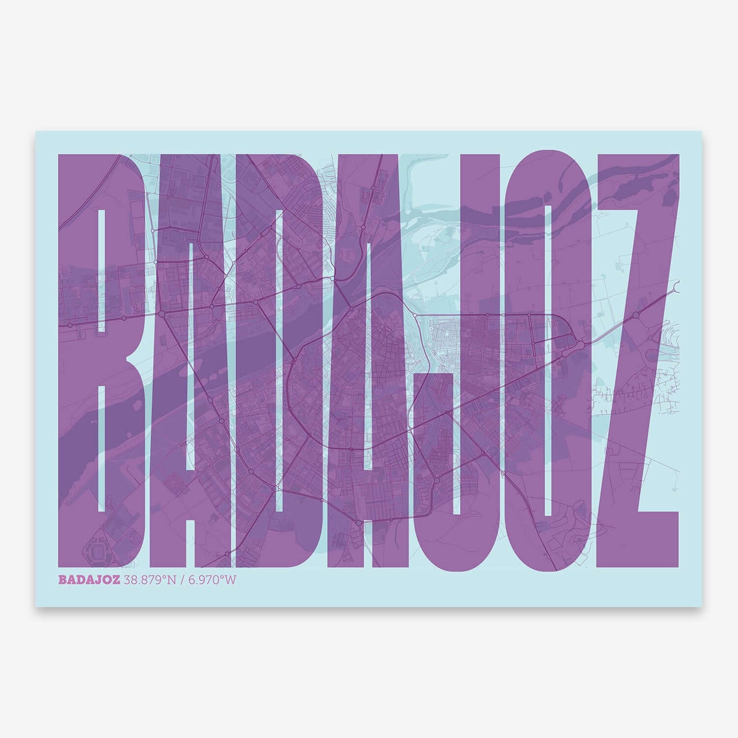 The map of Badajoz and letters of its name in a giclée print designed in purple and light blue