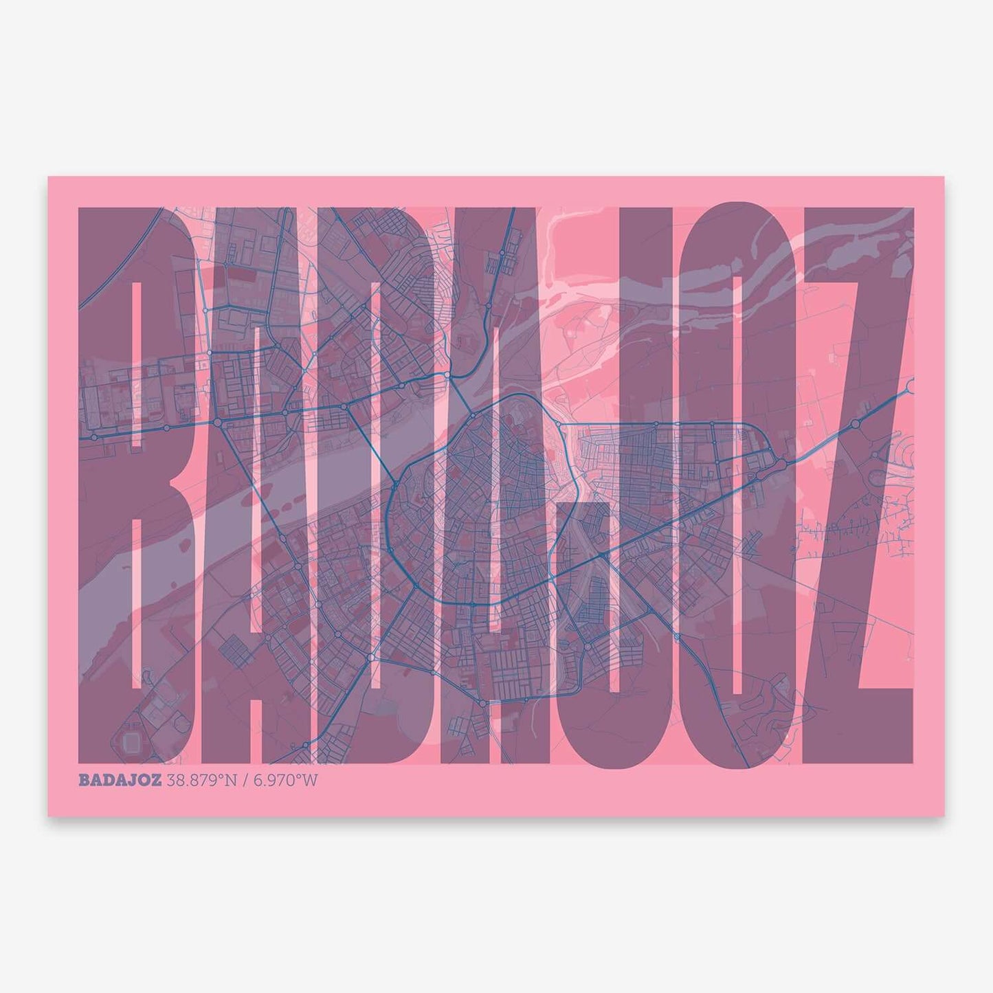 The map of Badajoz and letters of its name in a giclée print designed in violet y pink background