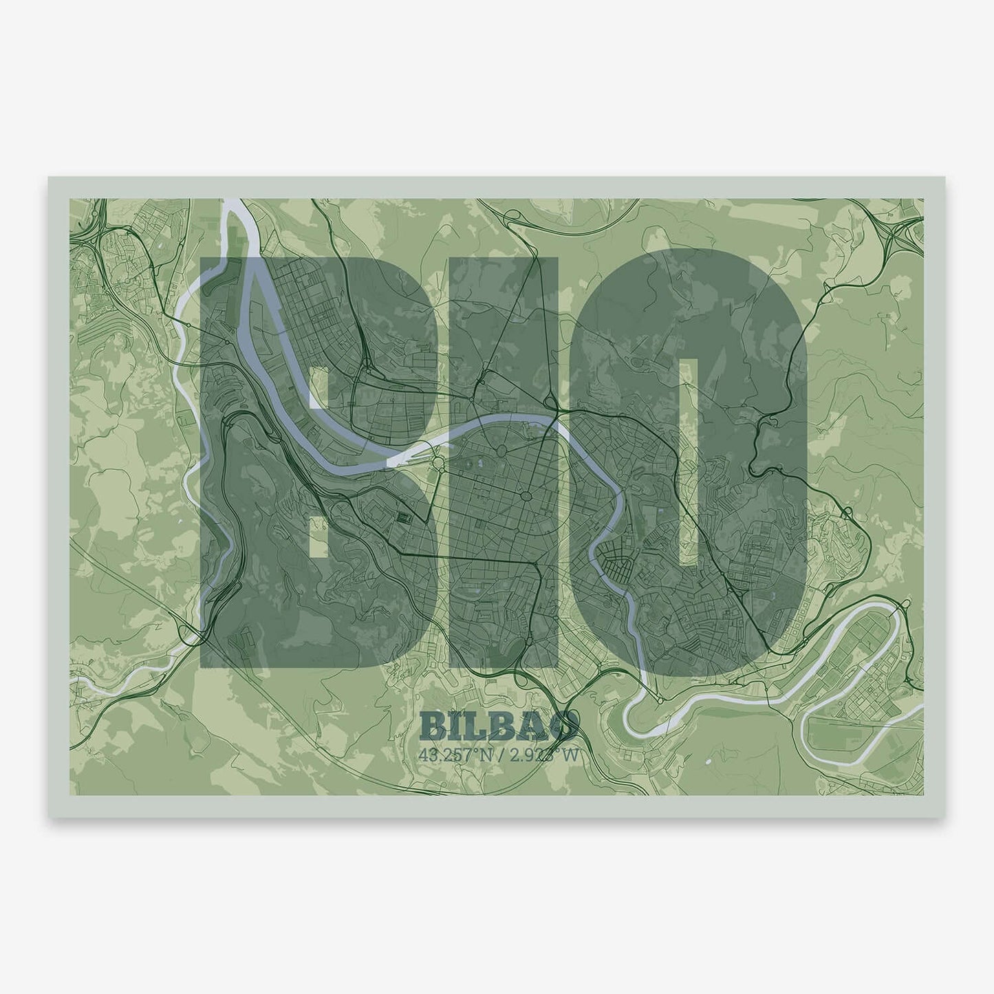 The map of Bilbao composed with letters in a heavy geometric font printed on two green tones