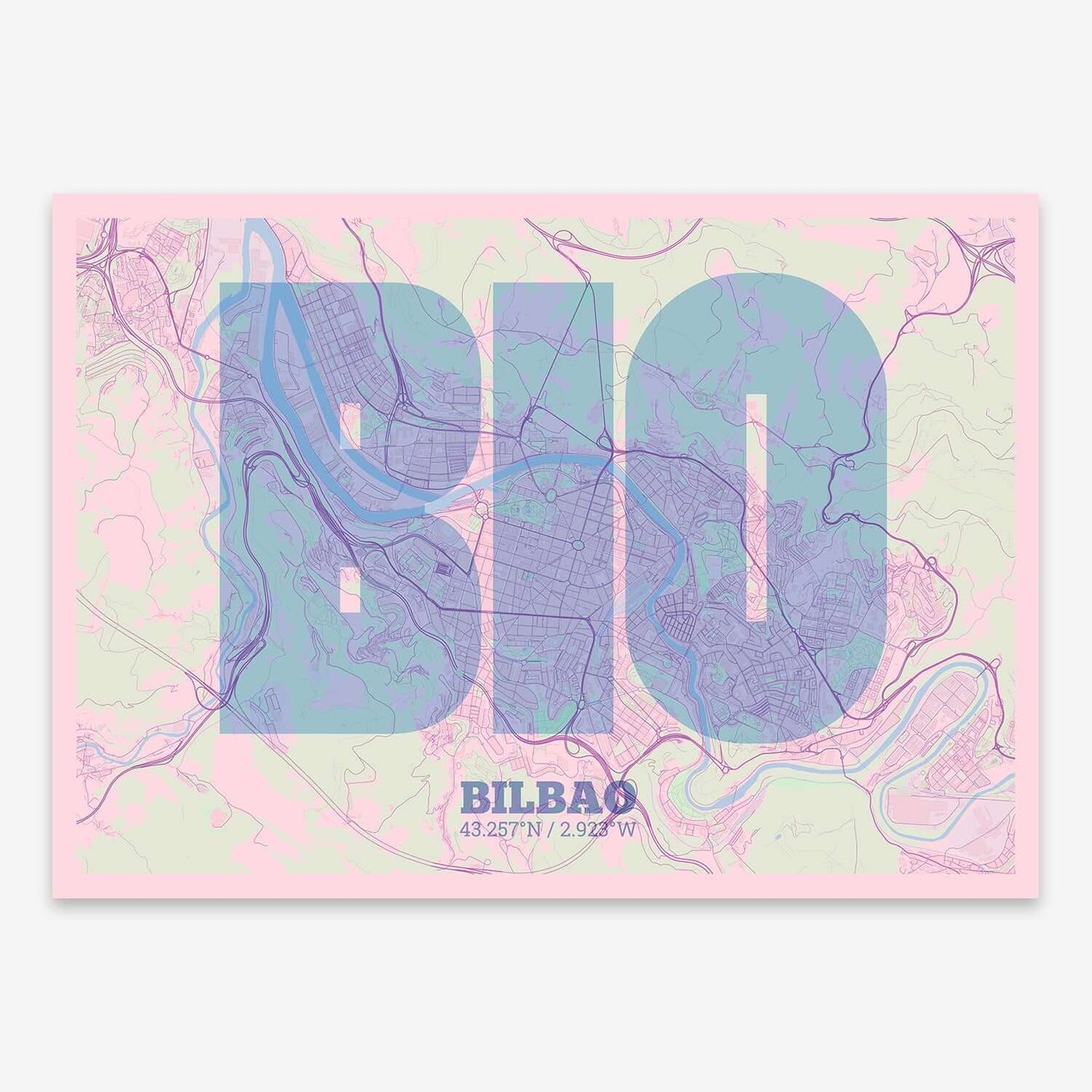 The map of Bilbao composed with letters in a heavy geometric font printed on pink and light blue