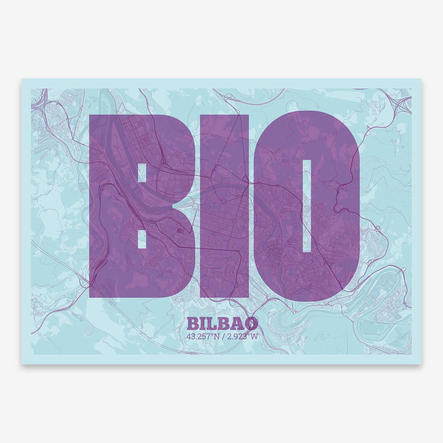 The map of Bilbao composed with letters in a heavy geometric font printed on purple and light blue