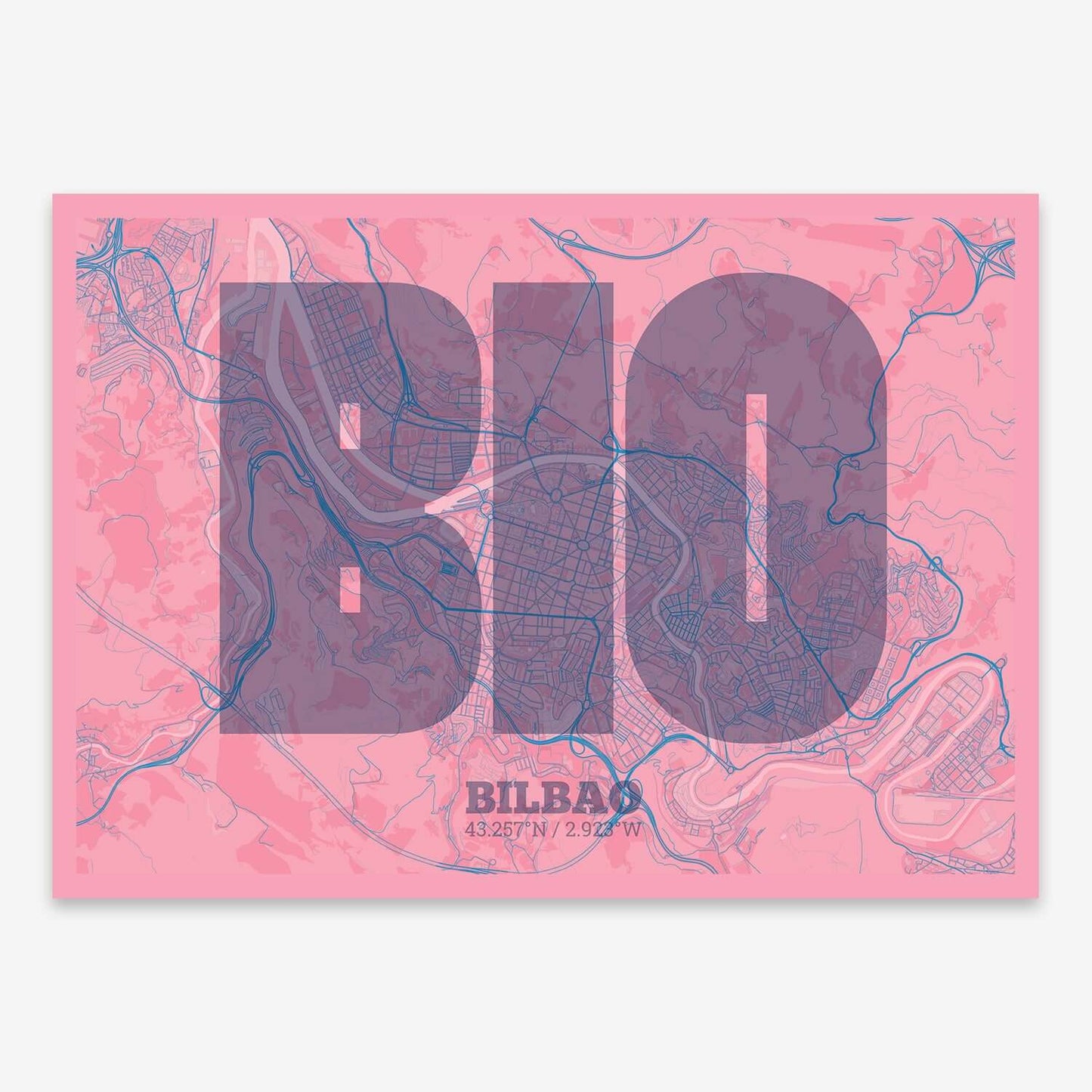 The map of Bilbao composed with letters in a heavy geometric font printed on violet y pink background