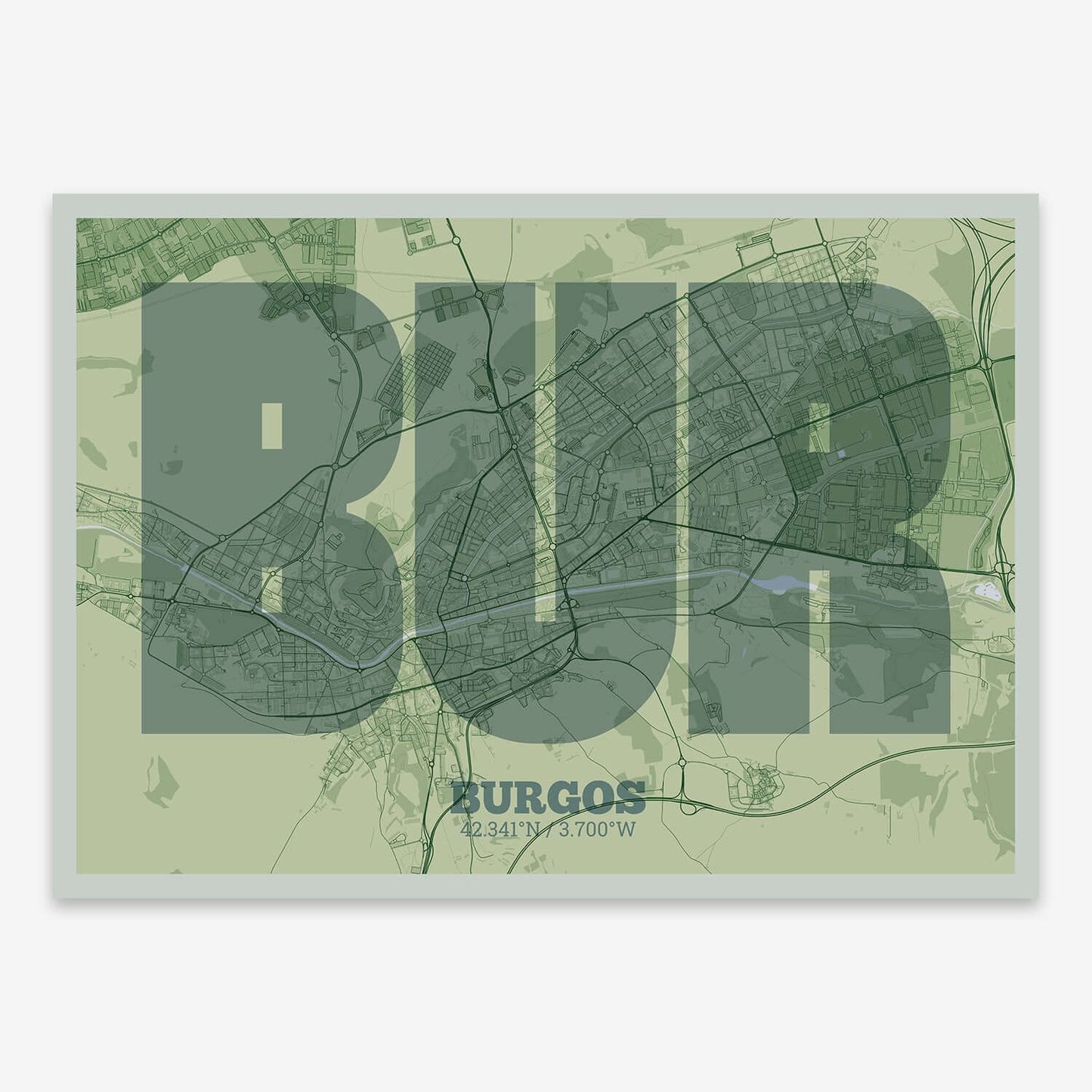 The map of Burgos composed with letters in a heavy geometric font printed on two green tones