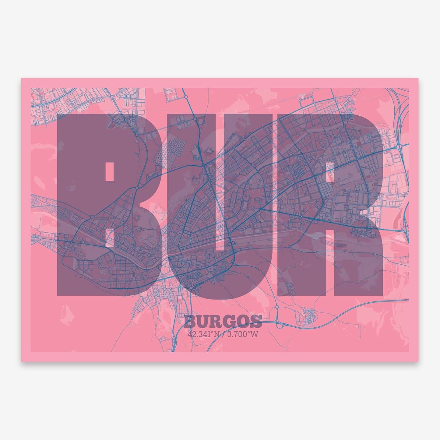 The map of Burgos composed with letters in a heavy geometric font printed on violet y pink background