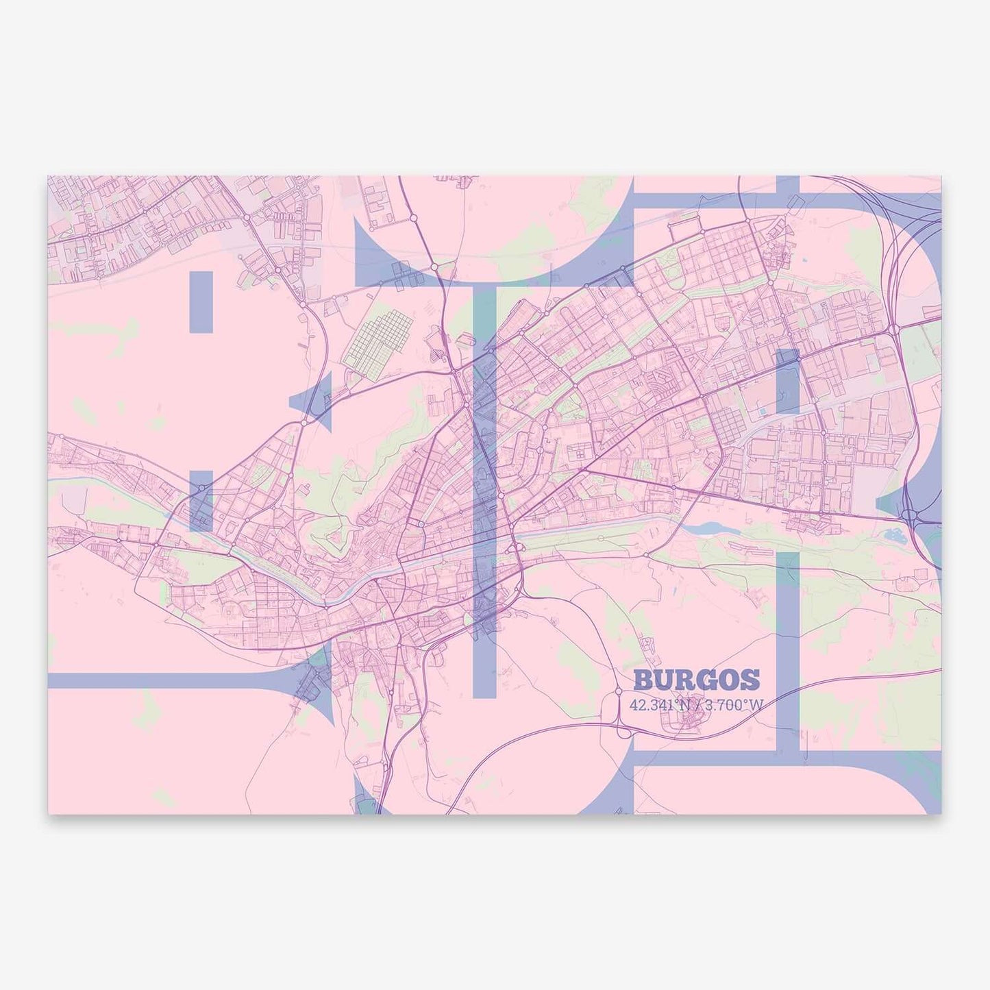 The map of Burgos composed with letters from its name or IATA code printed on pink and light blue