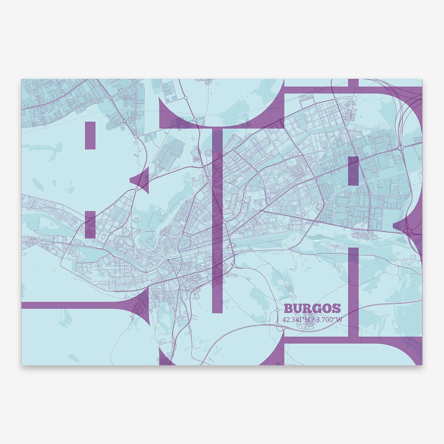 The map of Burgos composed with letters from its name or IATA code printed on purple and light blue