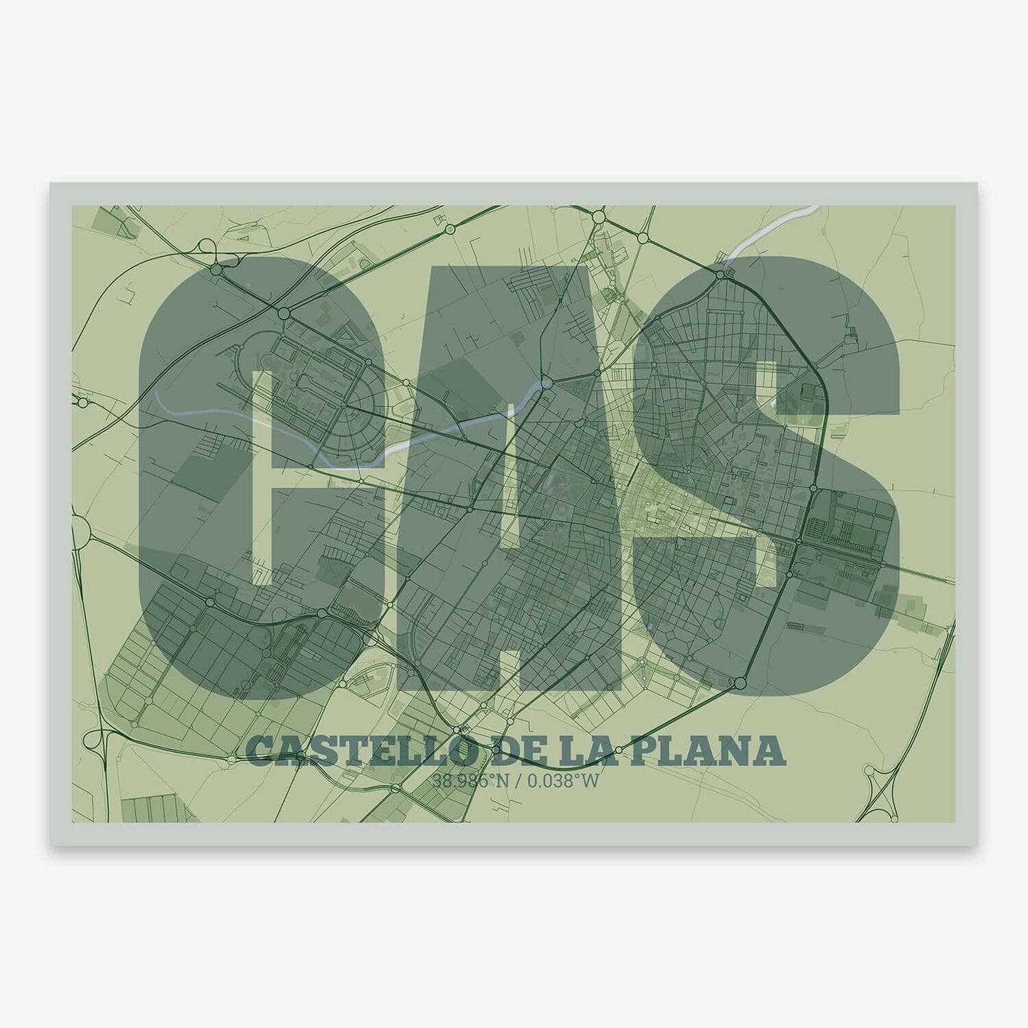 The map of Castellon composed with letters in a heavy geometric font printed on two green tones