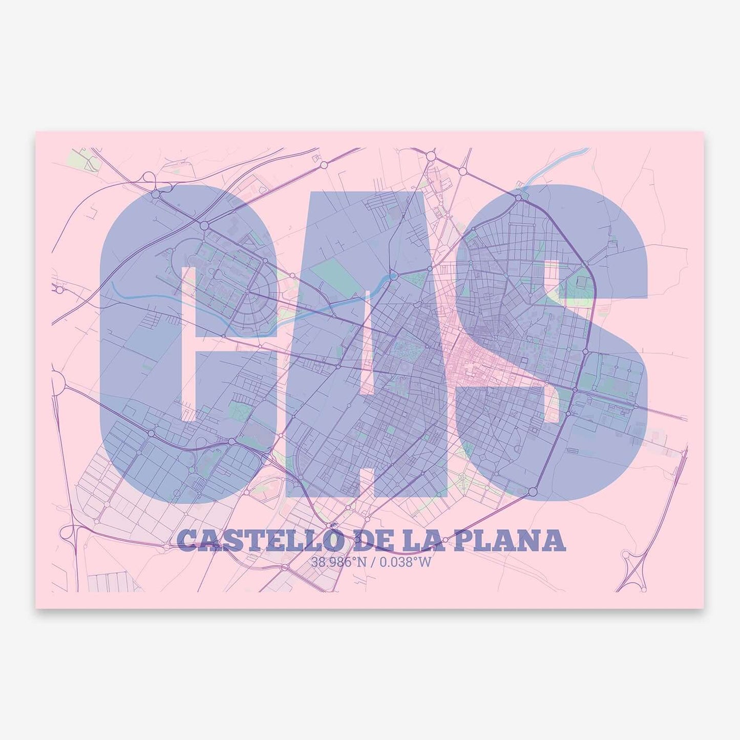 The map of Castellon composed with letters in a heavy geometric font printed on pink and light blue