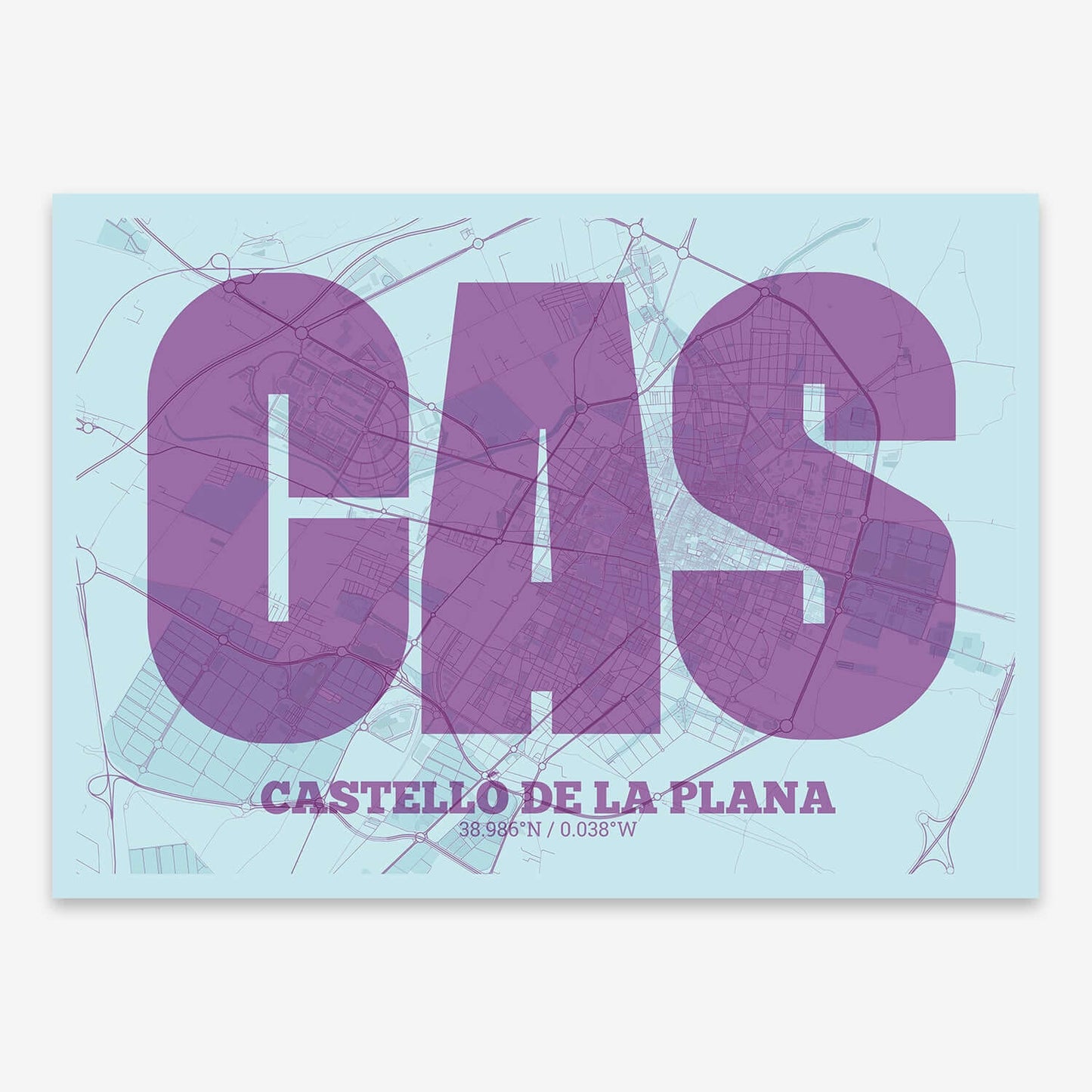 The map of Castellon composed with letters in a heavy geometric font printed on purple and light blue