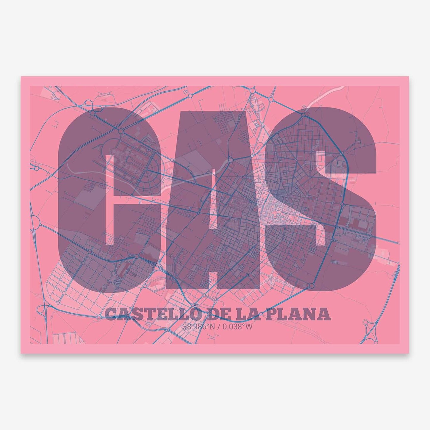 The map of Castellon composed with letters in a heavy geometric font printed on violet y pink background
