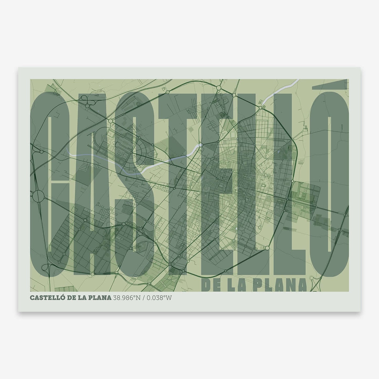 The map of Castellon and letters of its name in a giclée print designed in two green tones