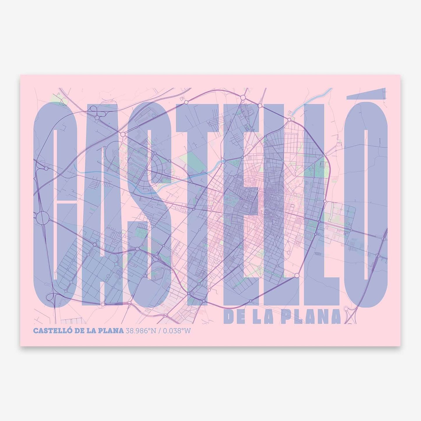 The map of Castellon and letters of its name in a giclée print designed in pink and light blue