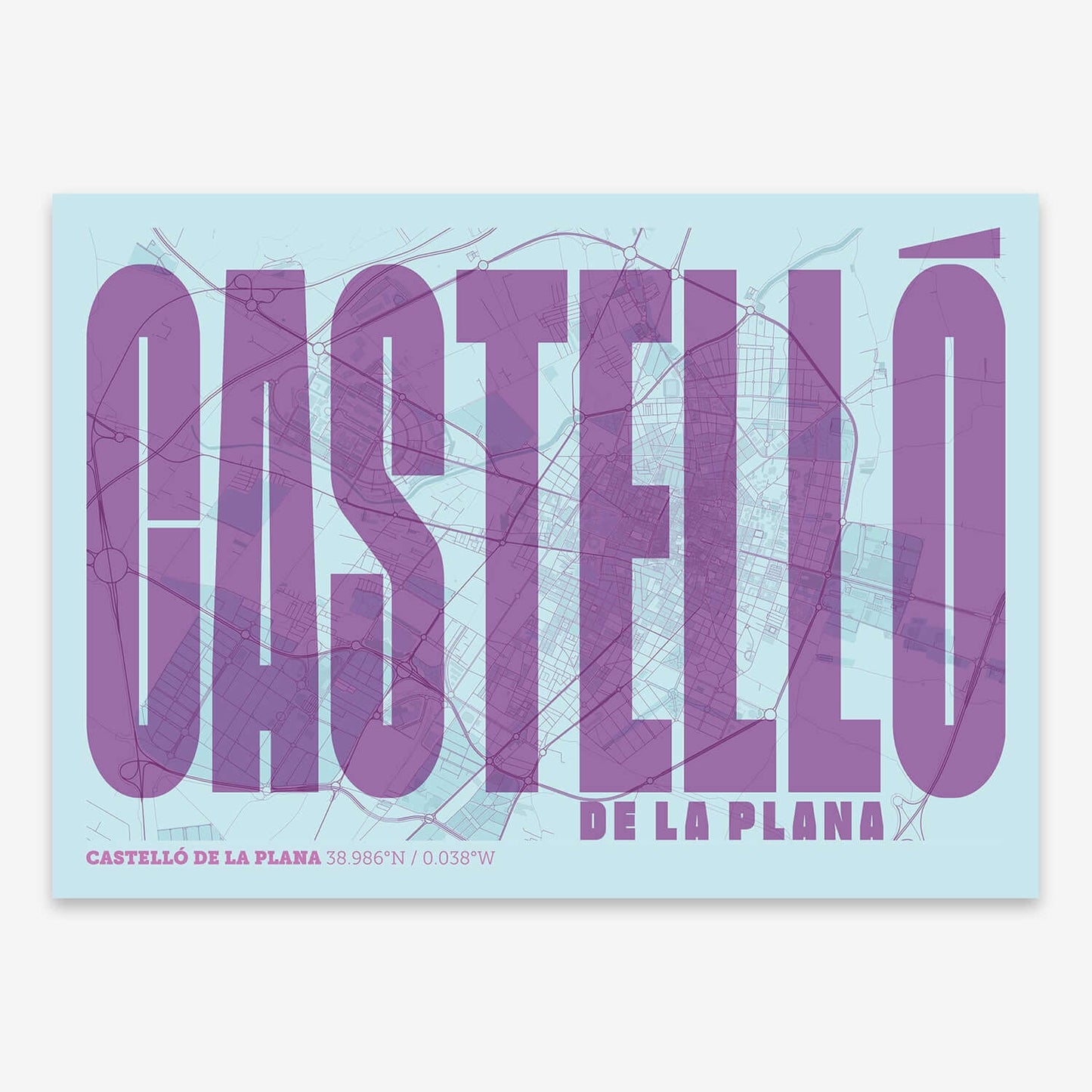 The map of Castellon and letters of its name in a giclée print designed in purple and light blue