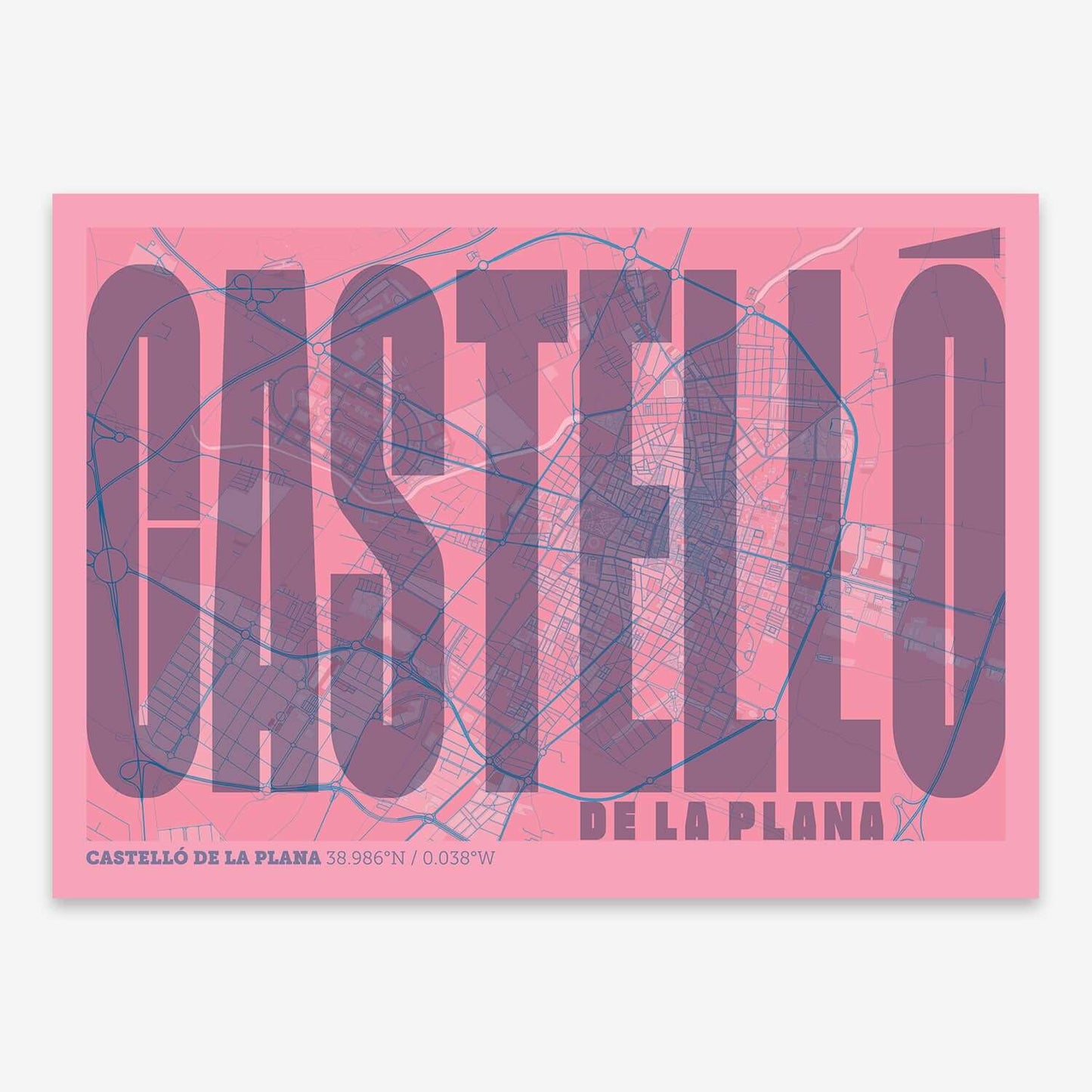 The map of Castellon and letters of its name in a giclée print designed in violet y pink background