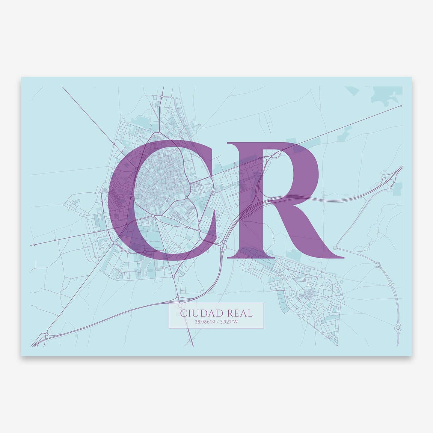The map of Ciudad-Real composed with letters in serif font printed on purple and light blue
