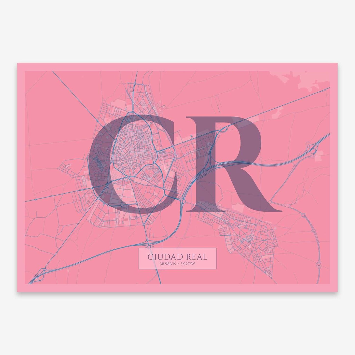 The map of Ciudad-Real composed with letters in serif font printed on violet y pink background