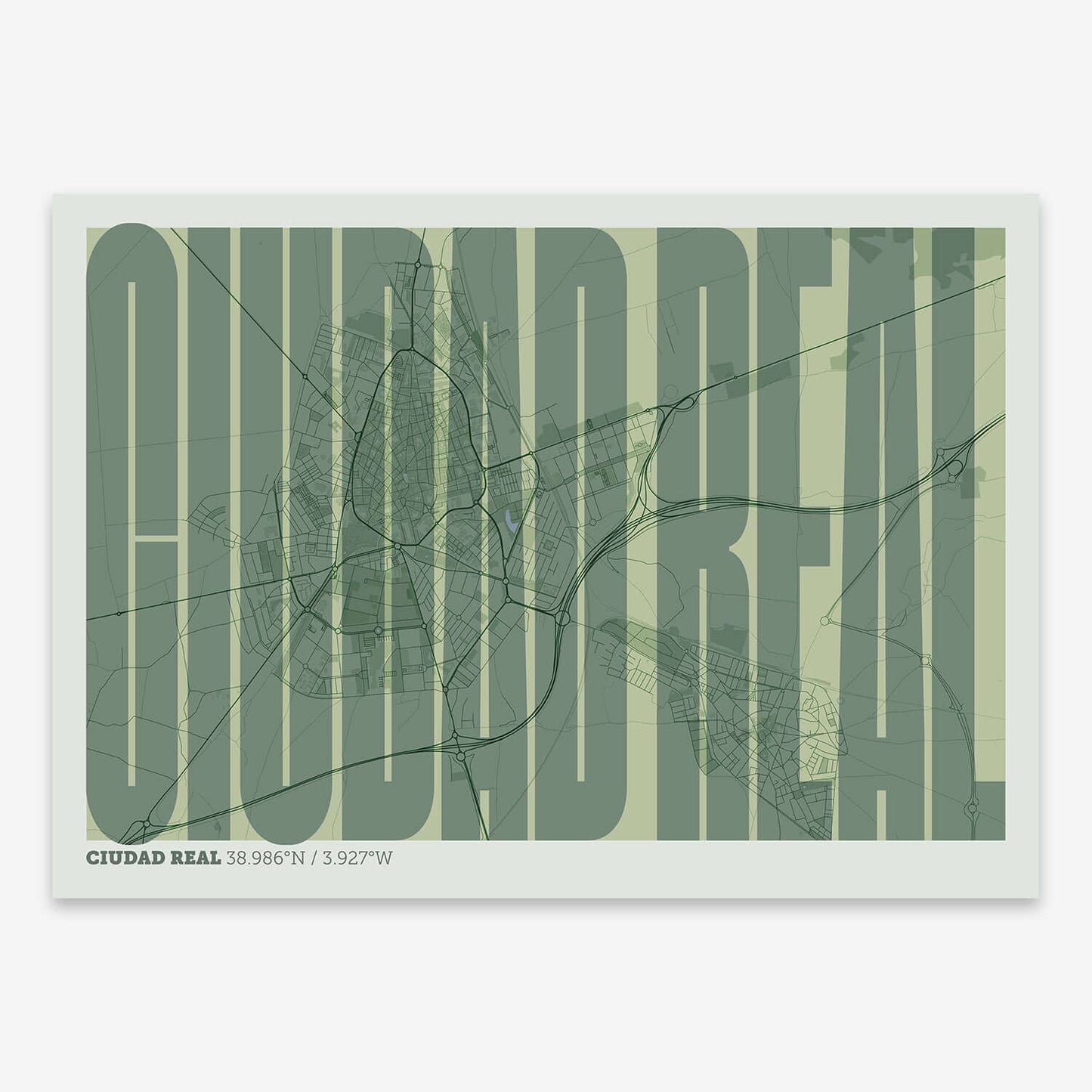 The map of Ciudad-Real and letters of its name in a giclée print designed in two green tones