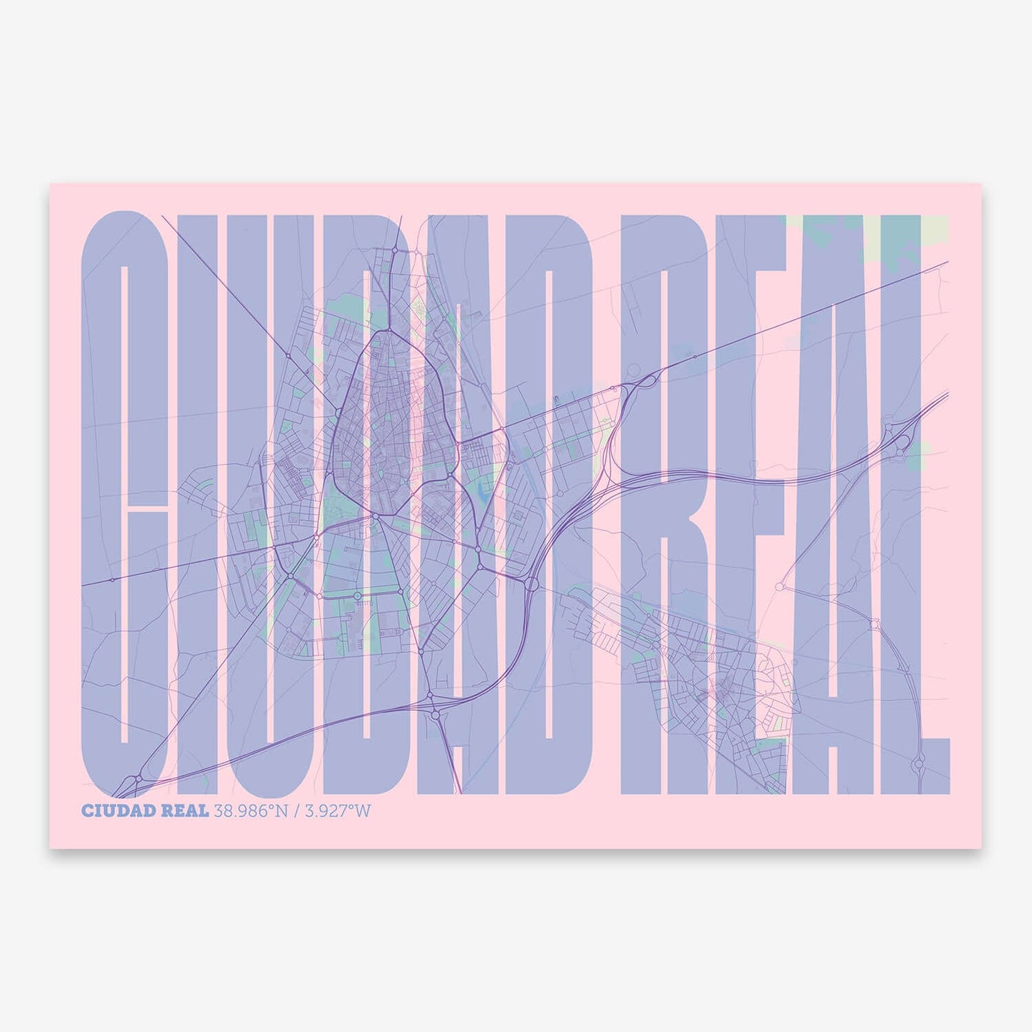 The map of Ciudad-Real and letters of its name in a giclée print designed in pink and light blue