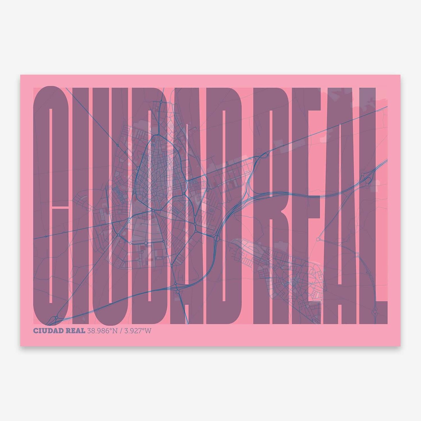 The map of Ciudad-Real and letters of its name in a giclée print designed in violet y pink background