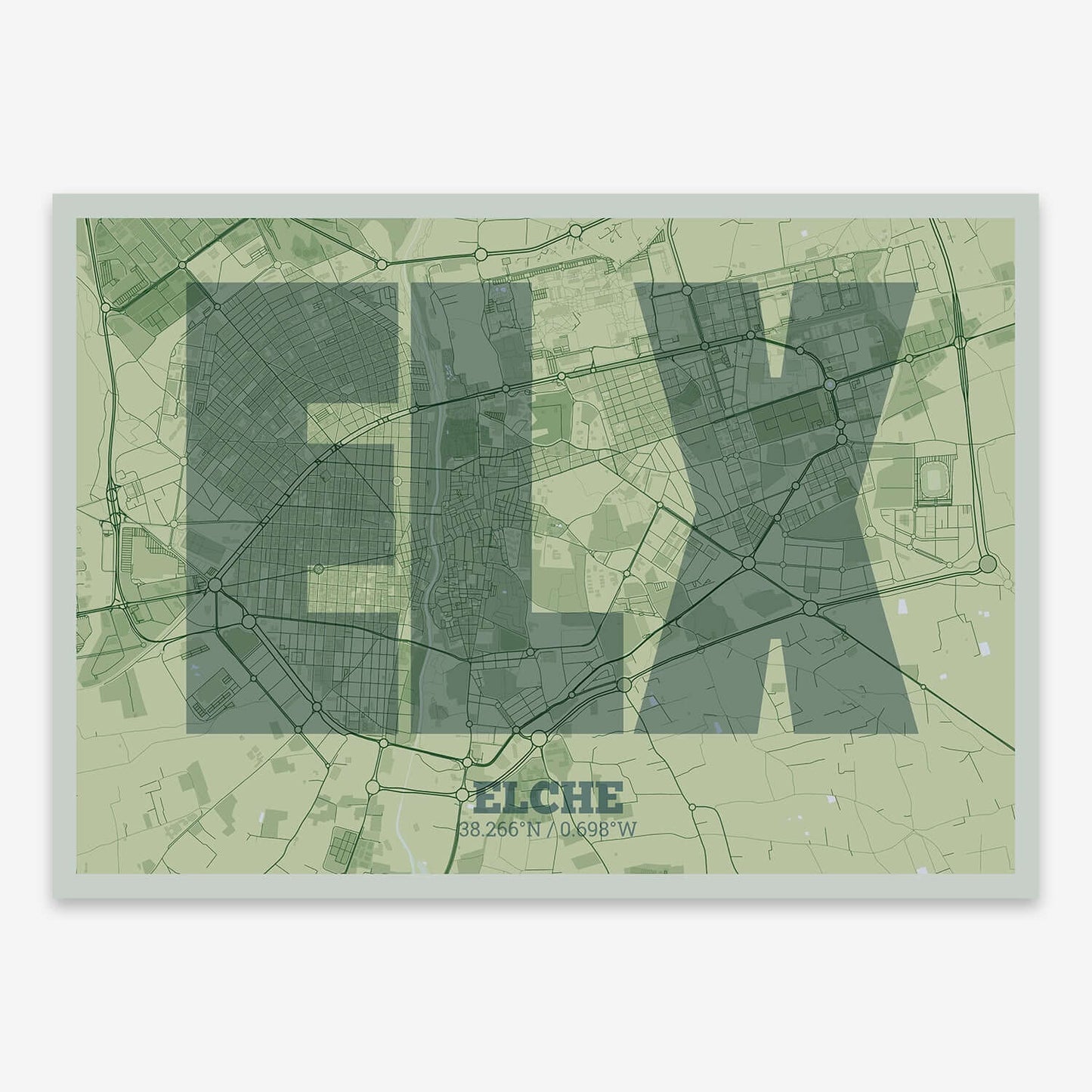 The map of Elche composed with letters in a heavy geometric font printed on two green tones