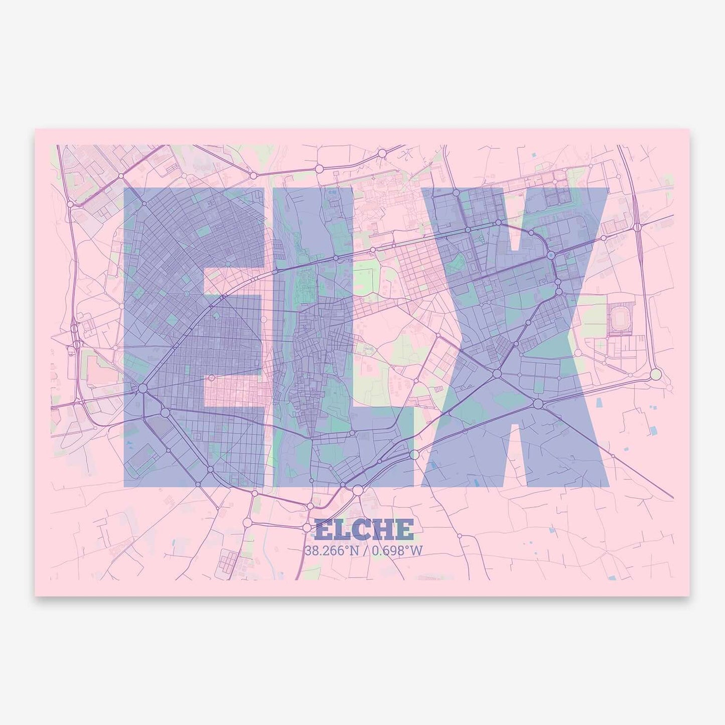 The map of Elche composed with letters in a heavy geometric font printed on pink and light blue