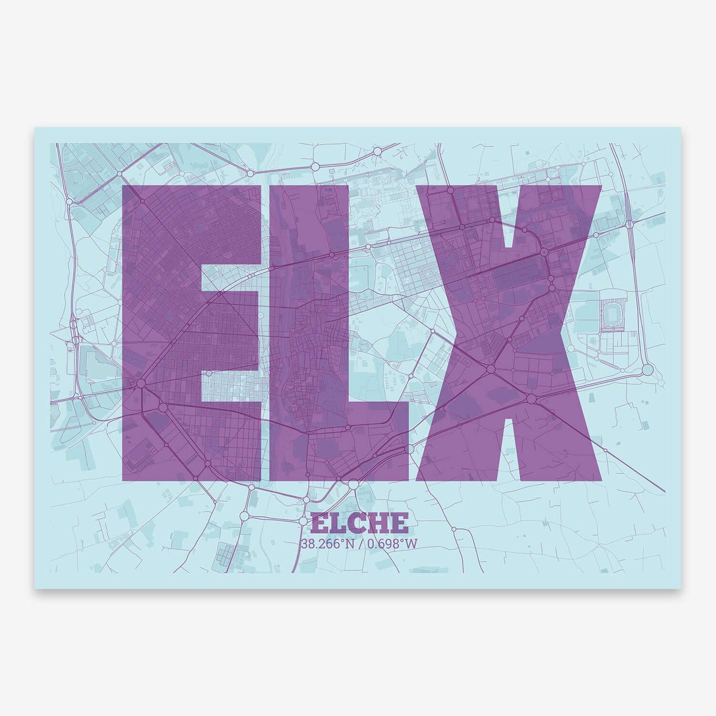 The map of Elche composed with letters in a heavy geometric font printed on purple and light blue
