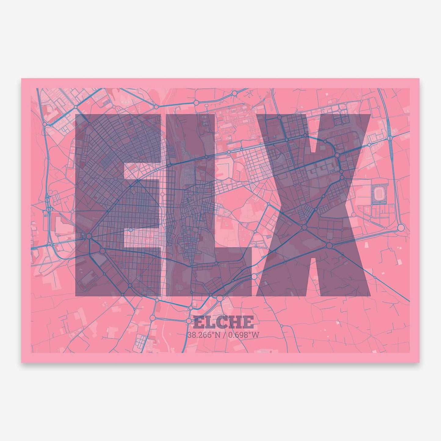 The map of Elche composed with letters in a heavy geometric font printed on violet y pink background