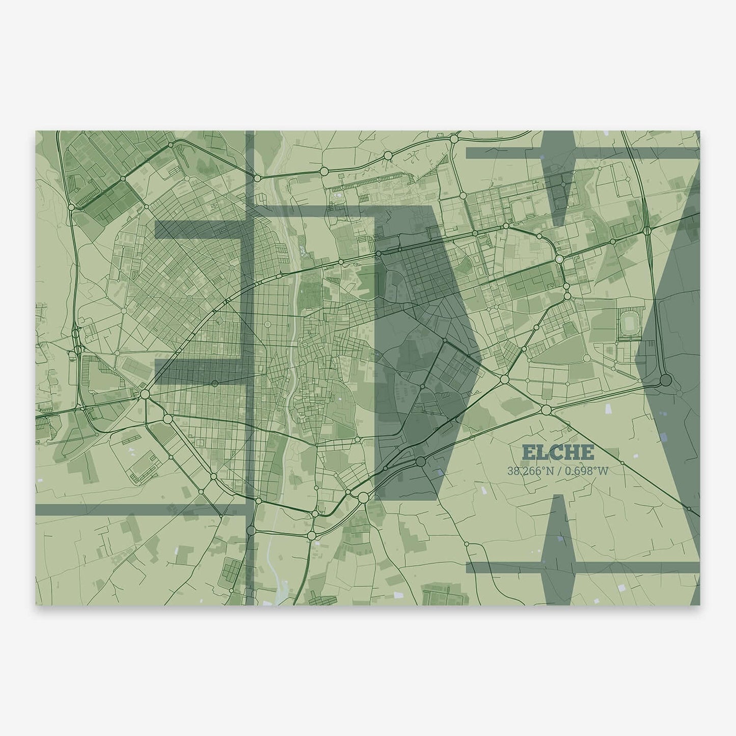 The map of Elche composed with letters from its name or IATA code printed on two green tones