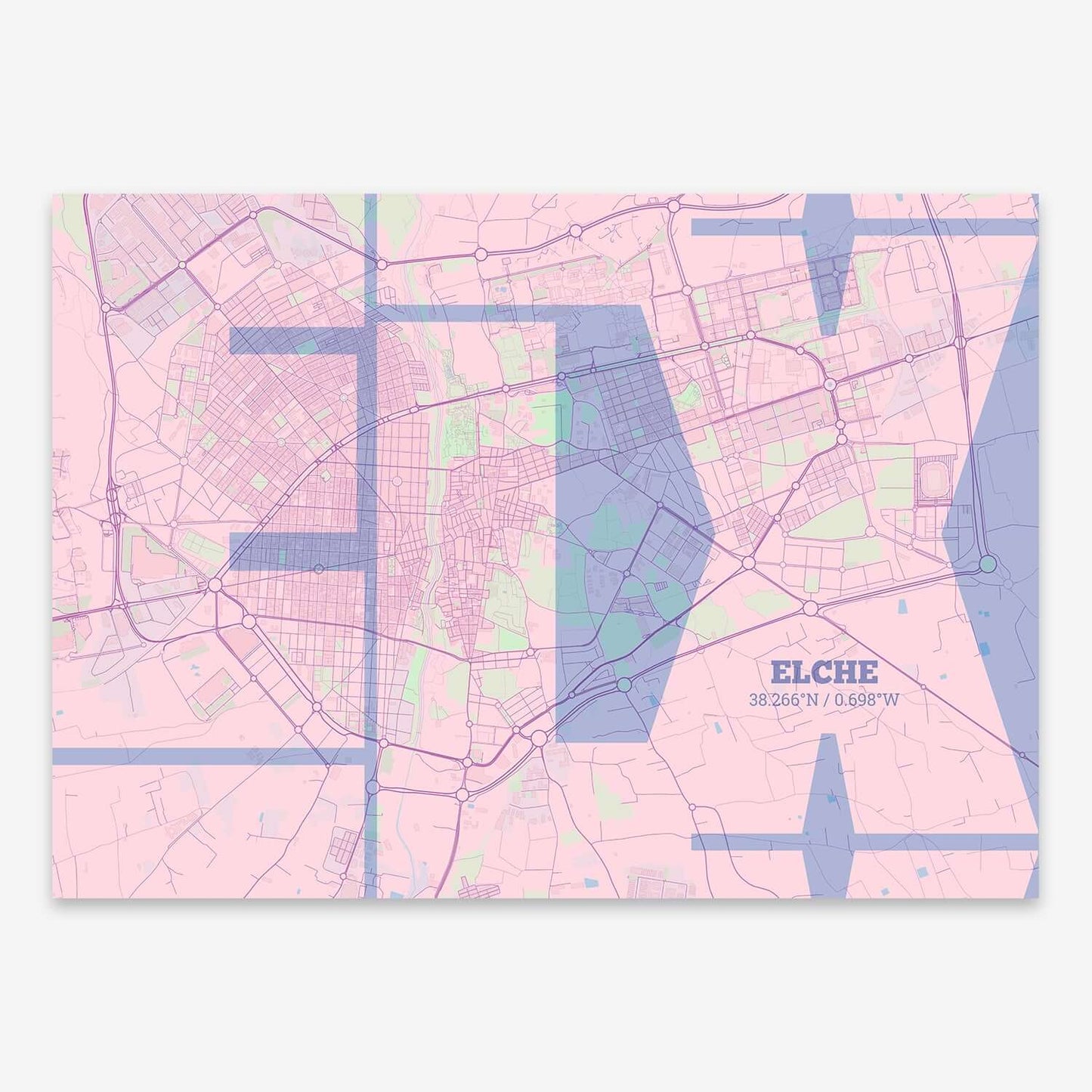 The map of Elche composed with letters from its name or IATA code printed on pink and light blue