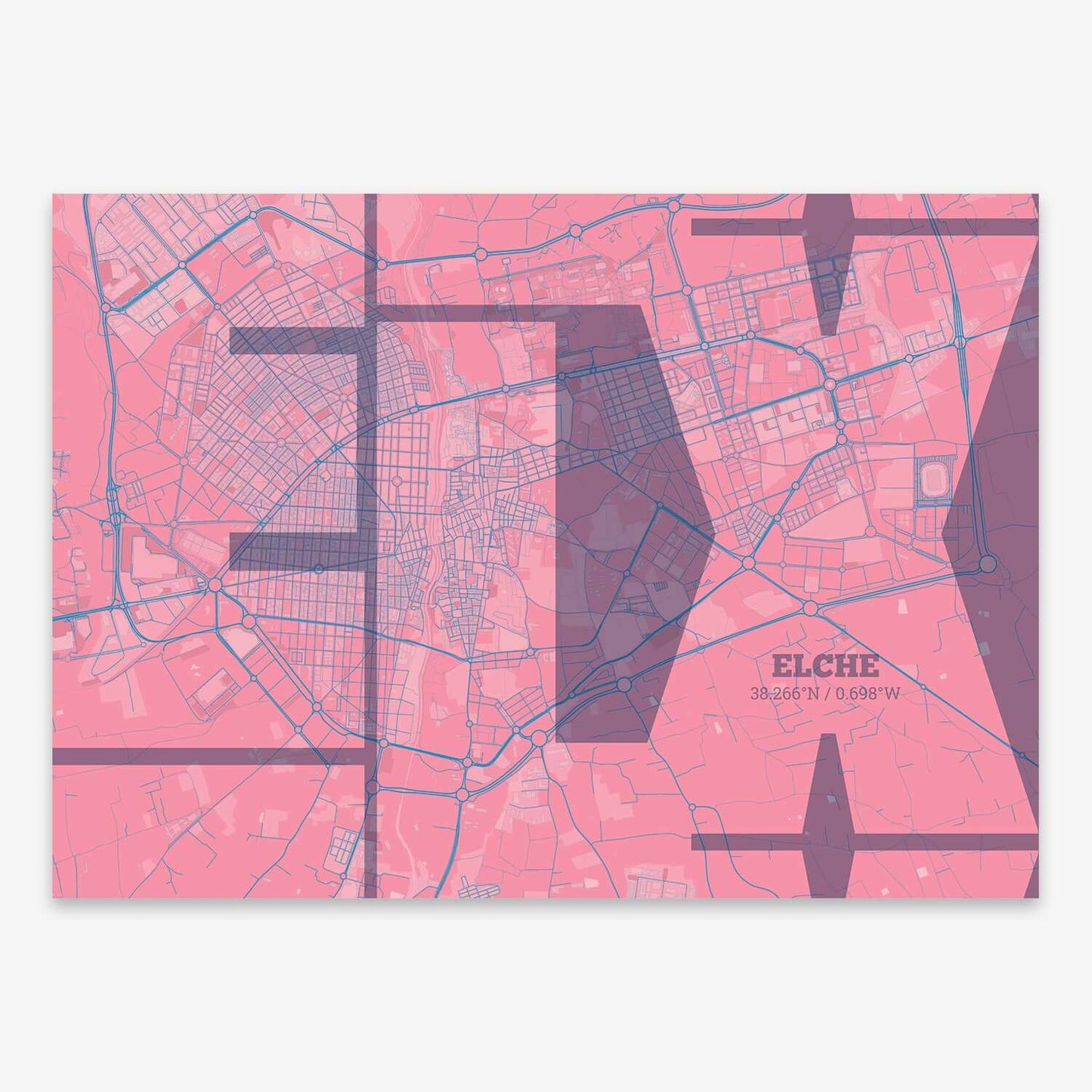 The map of Elche composed with letters from its name or IATA code printed on violet y pink background