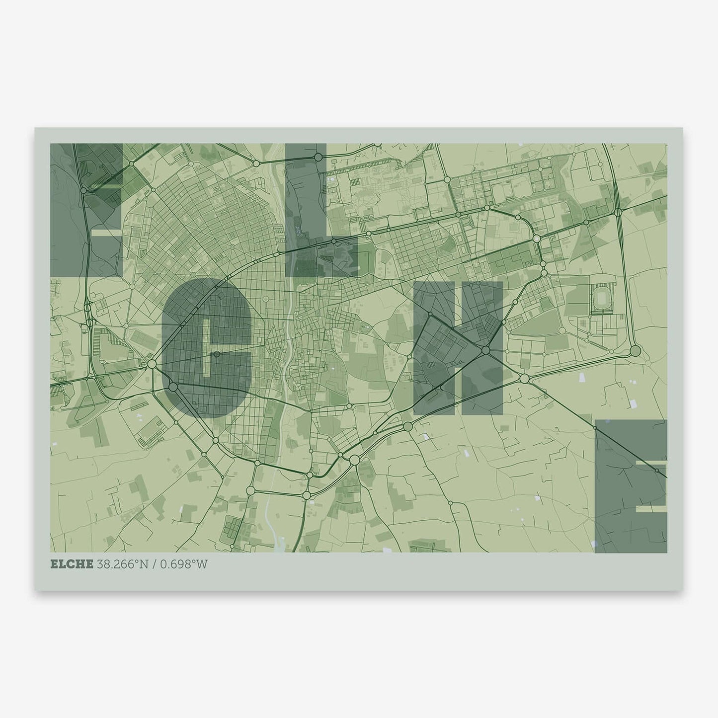 The map of Elche with letters of its name placed randomly, designed in two green tones