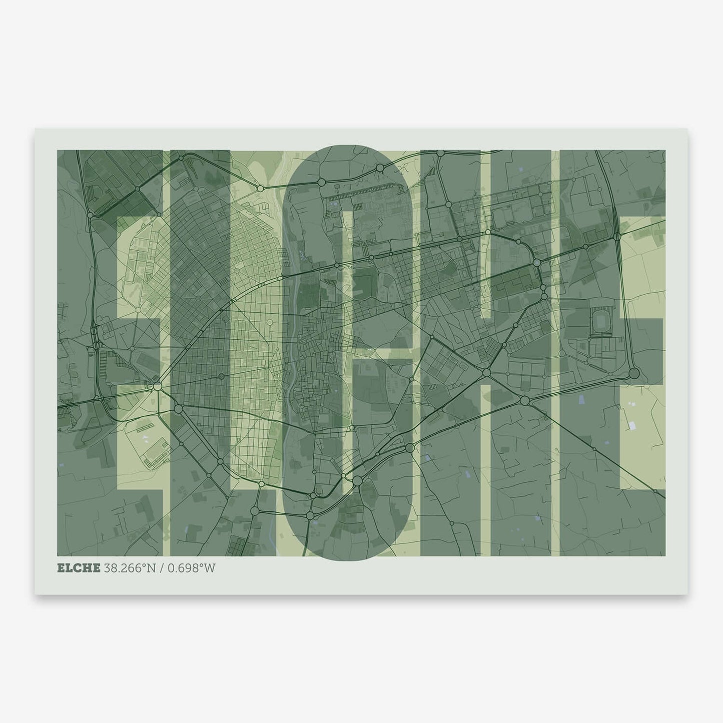 The map of Elche and letters of its name in a giclée print designed in two green tones